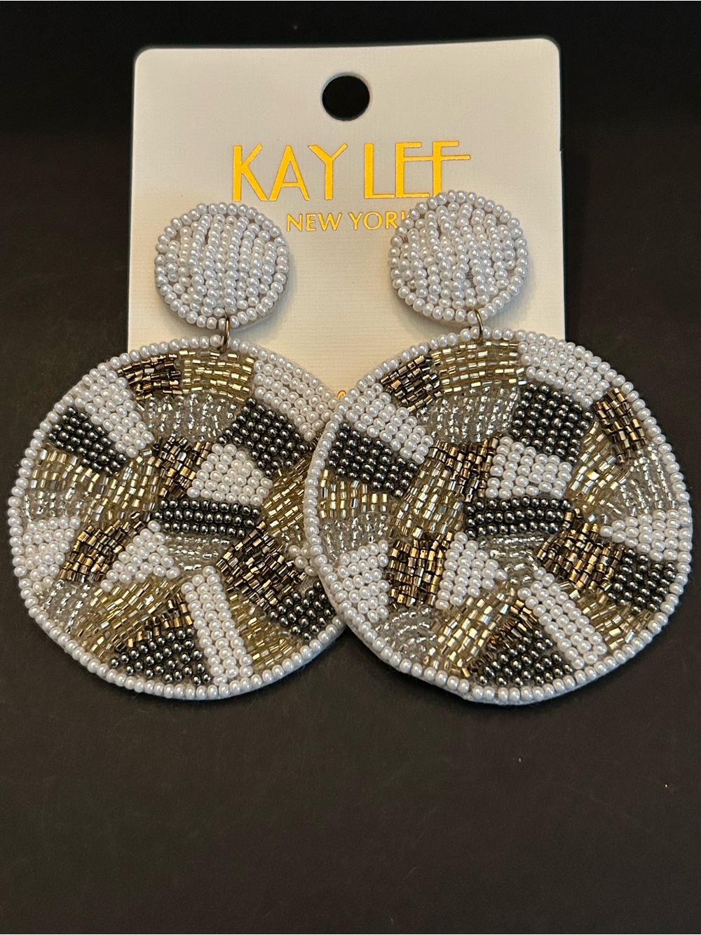 Kay Lee Hand Beaded Boho Design Disc Drop Earrings in White,Gold,Black & Copper